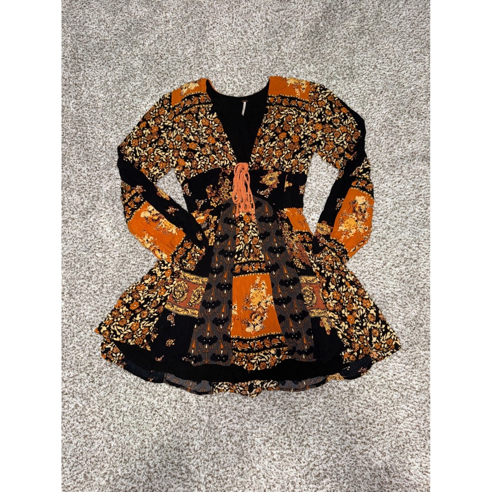 Free People Mixed Floral Patchwork Mini Dress Orange Black Long Sleeve Small